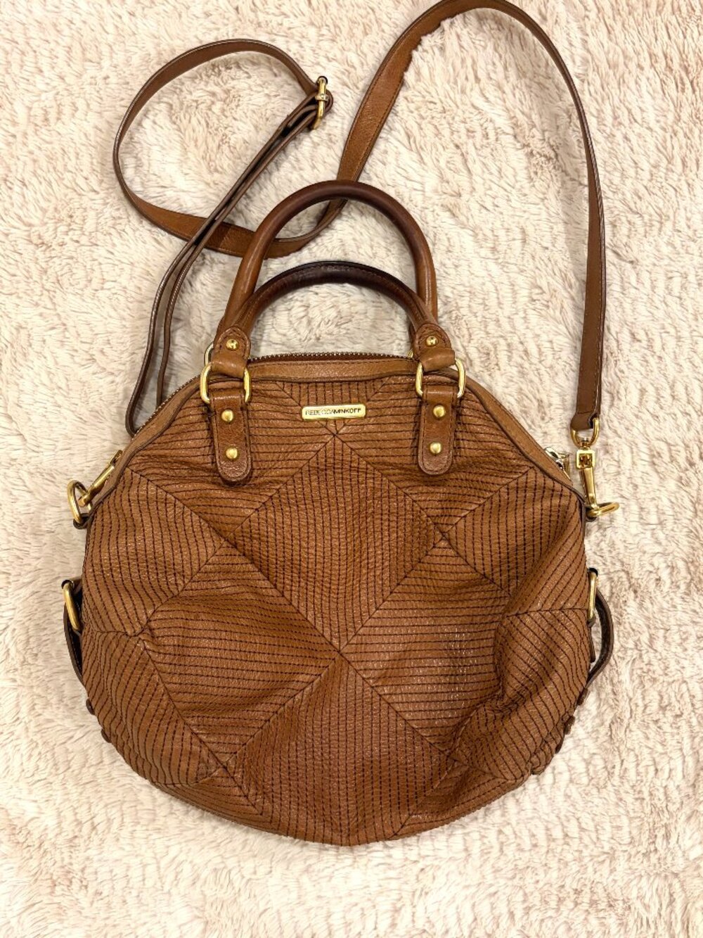 Vintage‎ Y2K Rebecca Minkoff Brown Leather Satchel Crossbody Bag Textured Cognac
